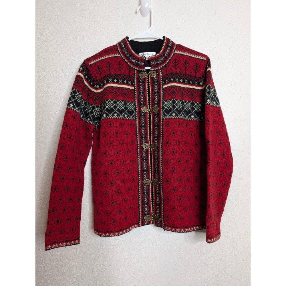 Susan Bristol Women Cardigan Sweater Small Red Wool Nordic Fair Isle Clasps